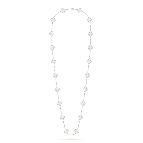 Vintage Alhambra long necklace, 20 motifs 18K white gold, Mother-of-pearl