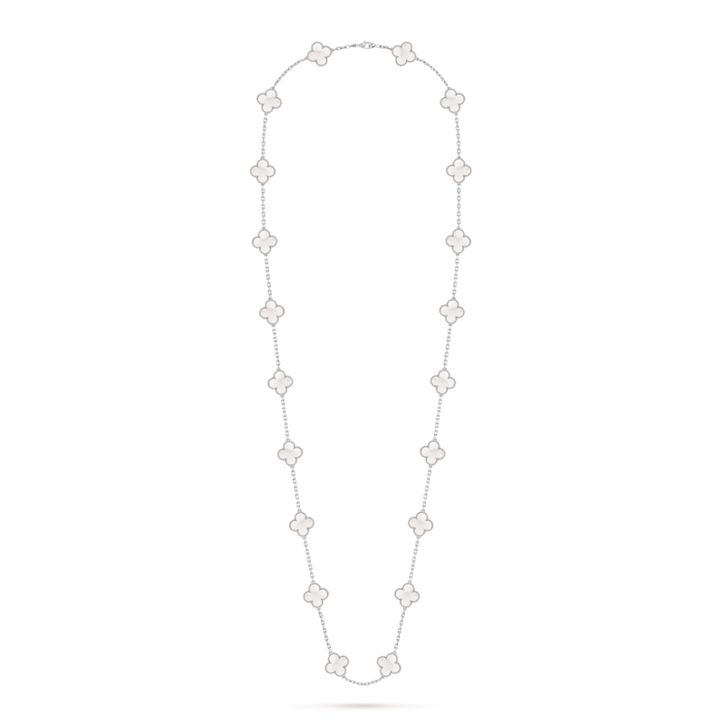 Vintage Alhambra long necklace, 20 motifs 18K white gold, Mother-of-pearl