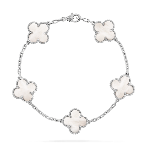 Bracelet Magic Alhambra, 5 motifs, or blanc 18 carats, nacre
