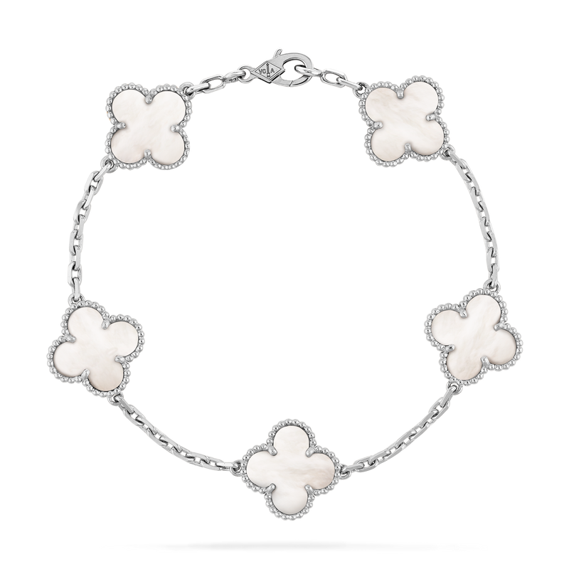 Bracelet Magic Alhambra, 5 motifs, or blanc 18 carats, nacre