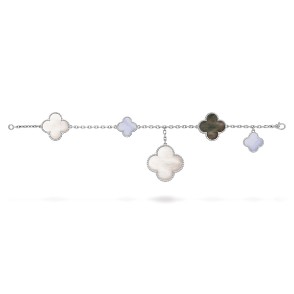 Bracelet Magic Alhambra, 5 motifs Or blanc 18 carats, Calcédoine, Nacre
