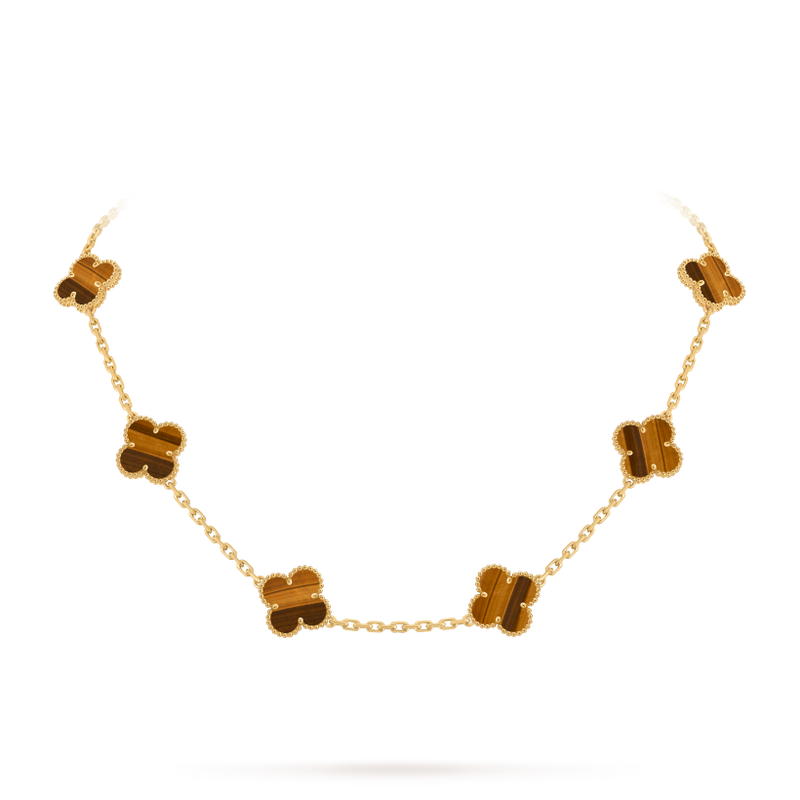 Vintage Alhambra necklace, 10 motifs 18K yellow gold, Tiger Eye