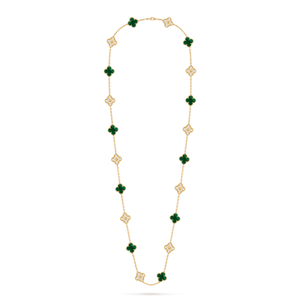 Vintage Alhambra long necklace, 20 motifs 18K yellow gold, Diamond, Malachite