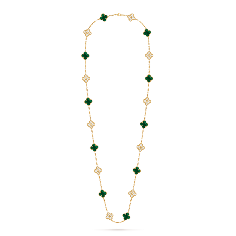 Vintage Alhambra long necklace, 20 motifs 18K yellow gold, Diamond, Malachite