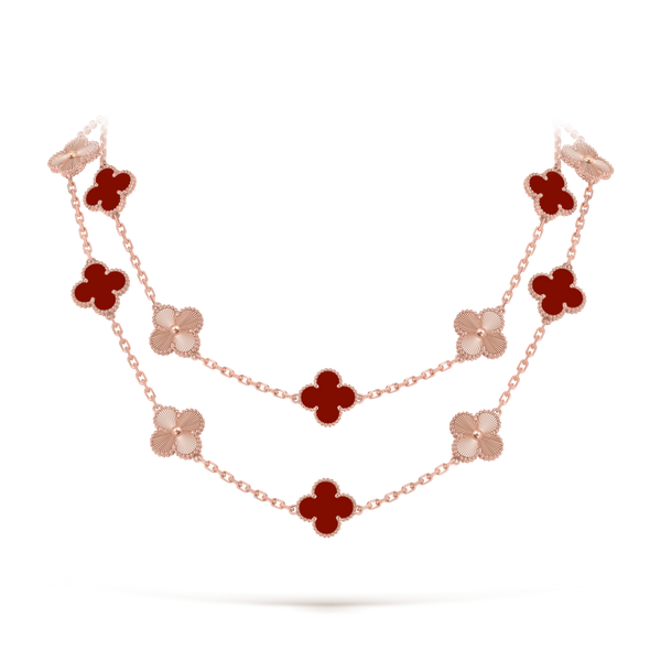 Vintage Alhambra long necklace, 20 motifs 18K rose gold, Carnelian