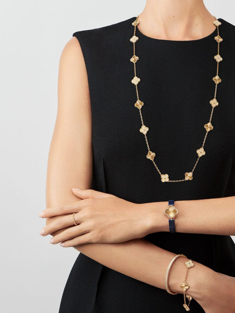 Vintage Alhambra long necklace, 20 motifs 18K yellow gold, Diamond