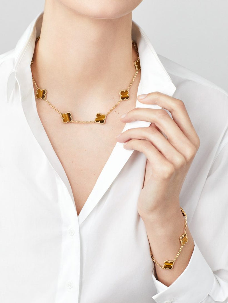 Vintage Alhambra necklace, 10 motifs 18K yellow gold, Tiger Eye