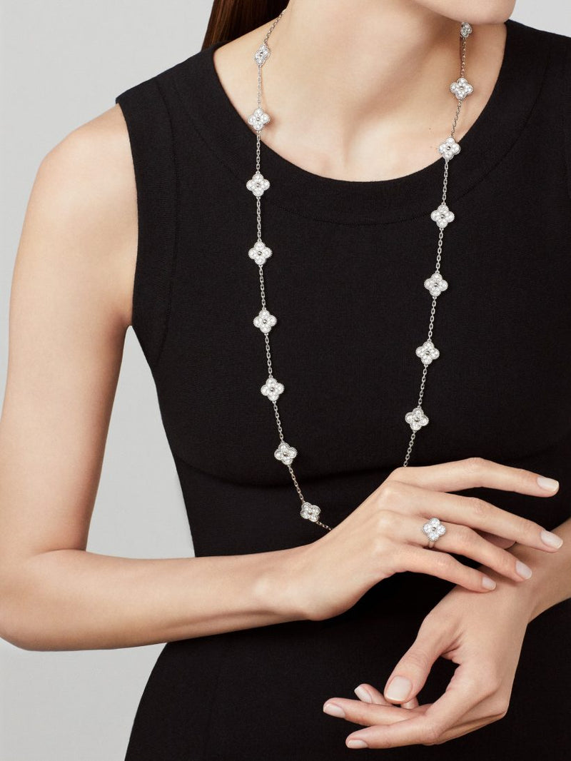 Vintage Alhambra long necklace, 20 motifs 18K white gold, Diamond