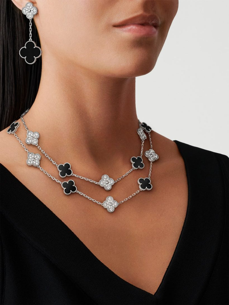 Vintage Alhambra long necklace, 20 motifs 18K white gold, Diamond, Onyx
