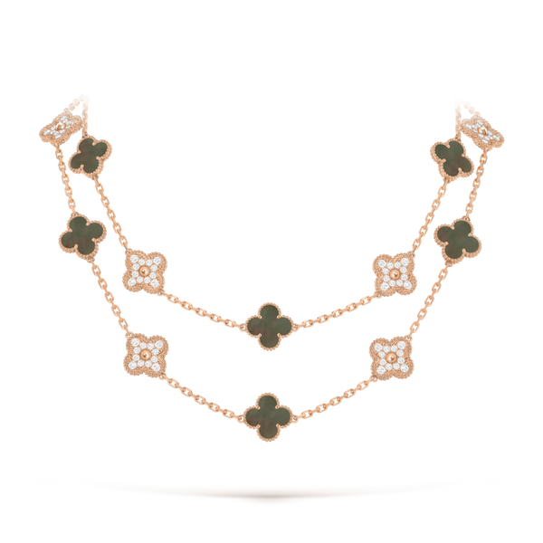 Vintage Alhambra long necklace, 20 motifs 18K rose gold, Diamond, Mother-of-pearl