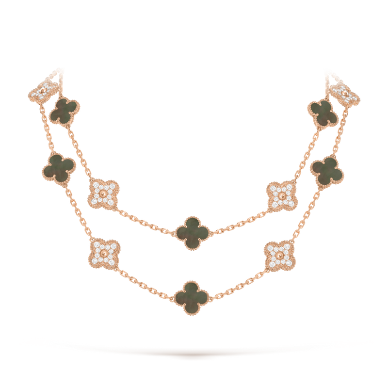 Vintage Alhambra long necklace, 20 motifs 18K rose gold, Diamond, Mother-of-pearl