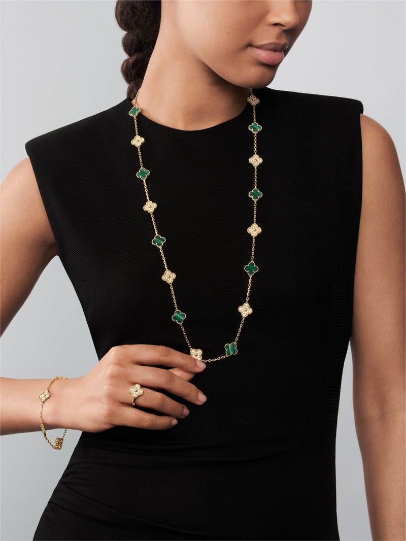 Vintage Alhambra long necklace, 20 motifs 18K yellow gold, Diamond, Malachite