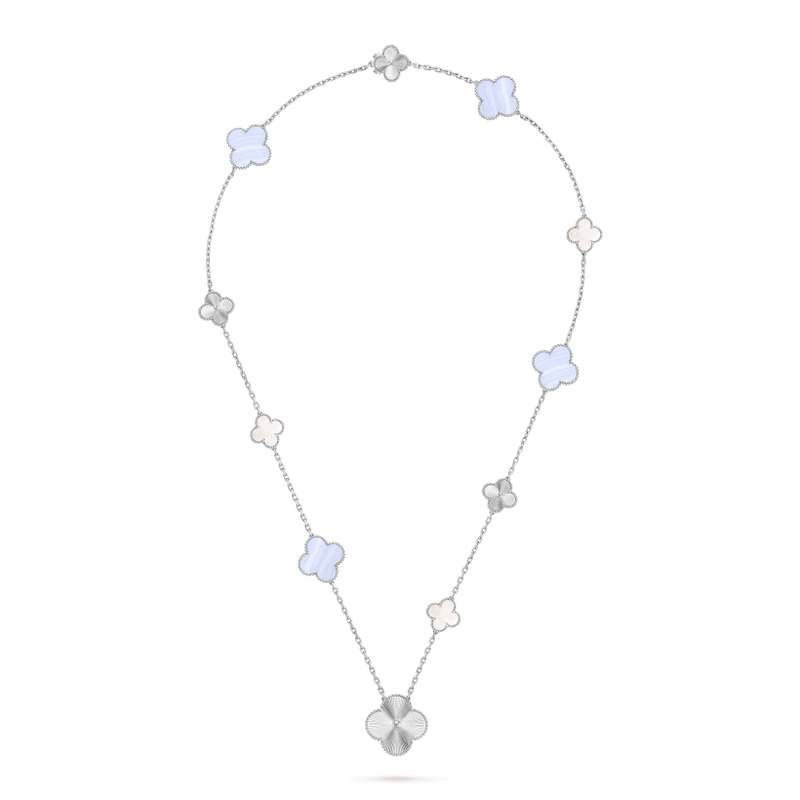 Magic Alhambra transformable long necklace, 15 motifs 18K white gold, Chalcedony, Mother-of-pearl