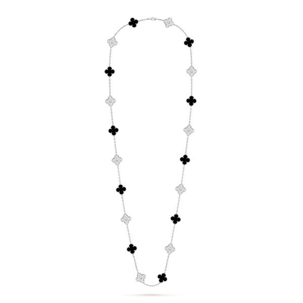 Vintage Alhambra long necklace, 20 motifs 18K white gold, Diamond, Onyx