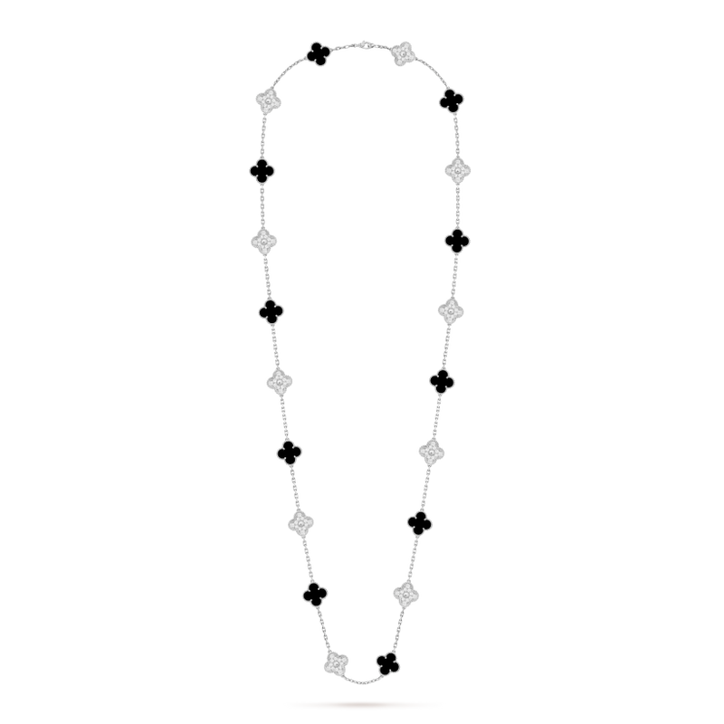 Vintage Alhambra long necklace, 20 motifs 18K white gold, Diamond, Onyx