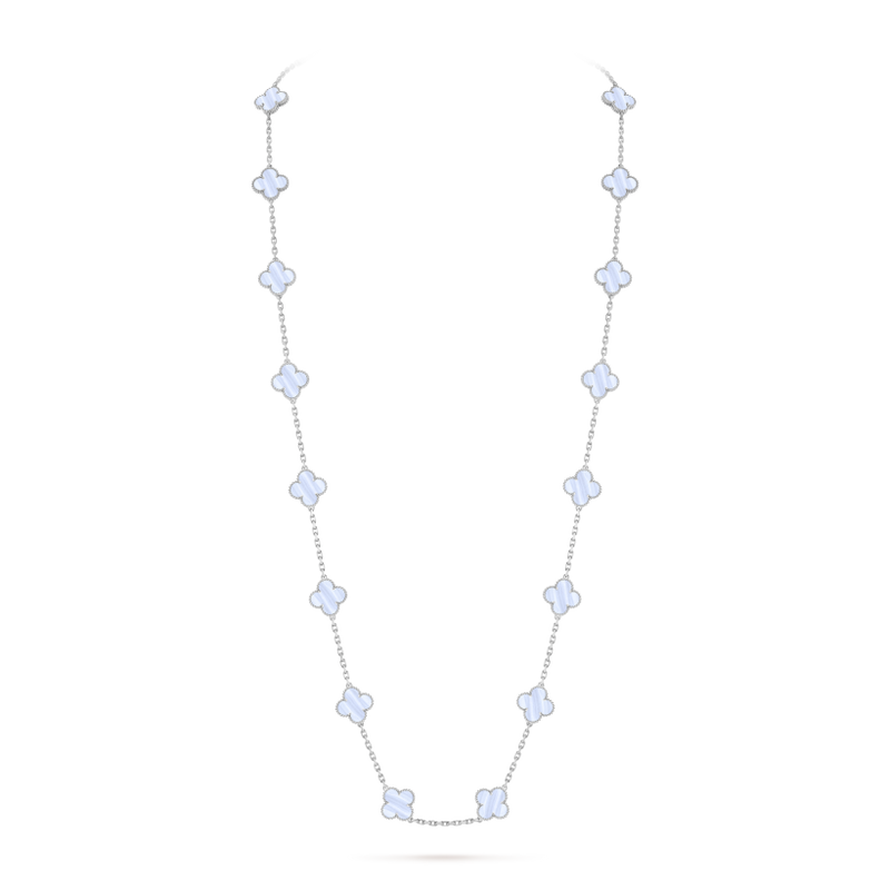 Vintage Alhambra long necklace, 20 motifs 18K white gold, Chalcedony