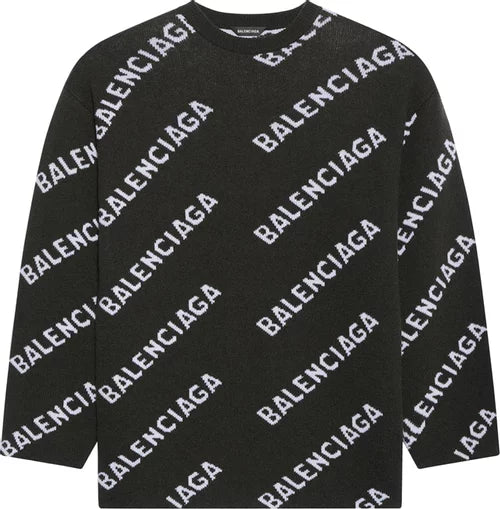 Pull ras du cou Balenciaga Allover Logo « Kaki/Blanc »