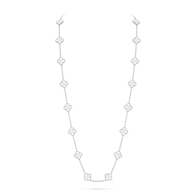 Vintage Alhambra long necklace, 20 motifs 18K white gold, Mother-of-pearl