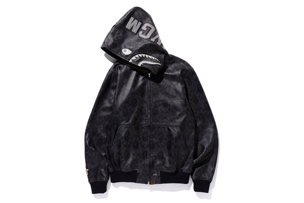 Veste à capuche en cuir BAPE x Coach Shark noire 