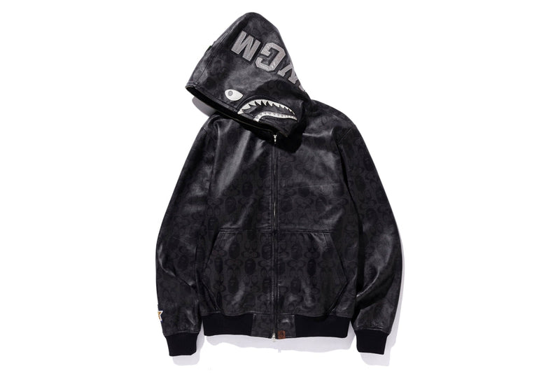 Veste à capuche en cuir BAPE x Coach Shark noire 