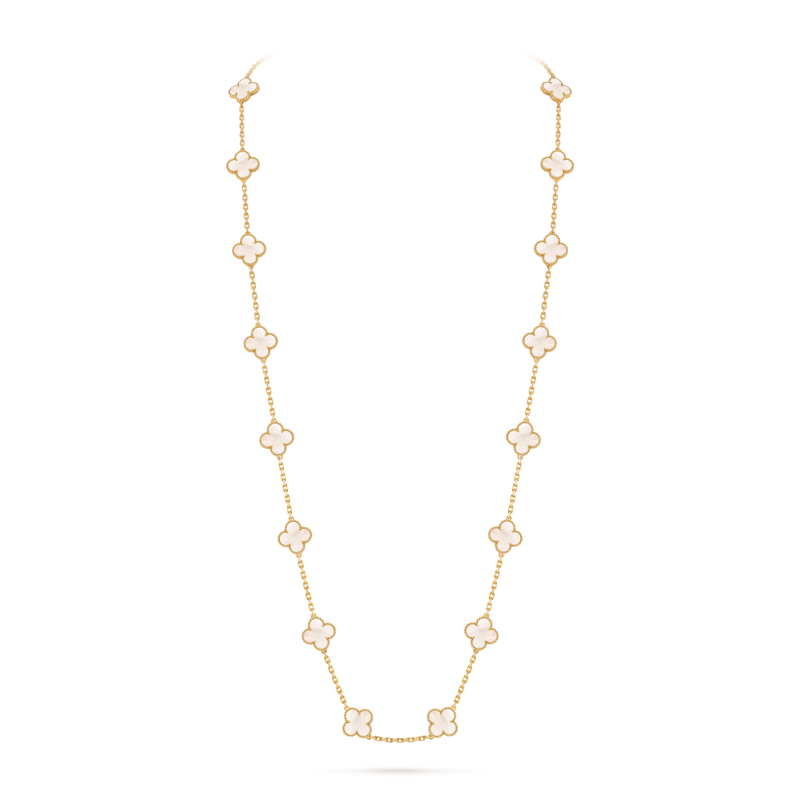 Vintage Alhambra long necklace, 20 motifs 18K yellow gold, Mother-of-pearl
