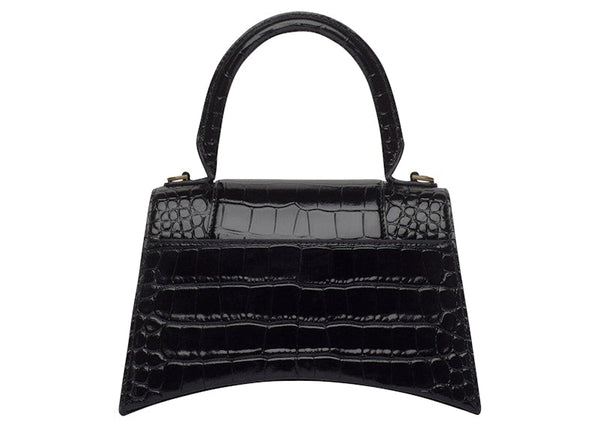 Petit sac à main Balenciaga Hourglass en cuir crocodile embossé noir