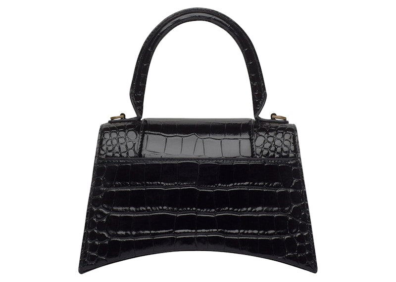 Petit sac à main Balenciaga Hourglass en cuir crocodile embossé noir