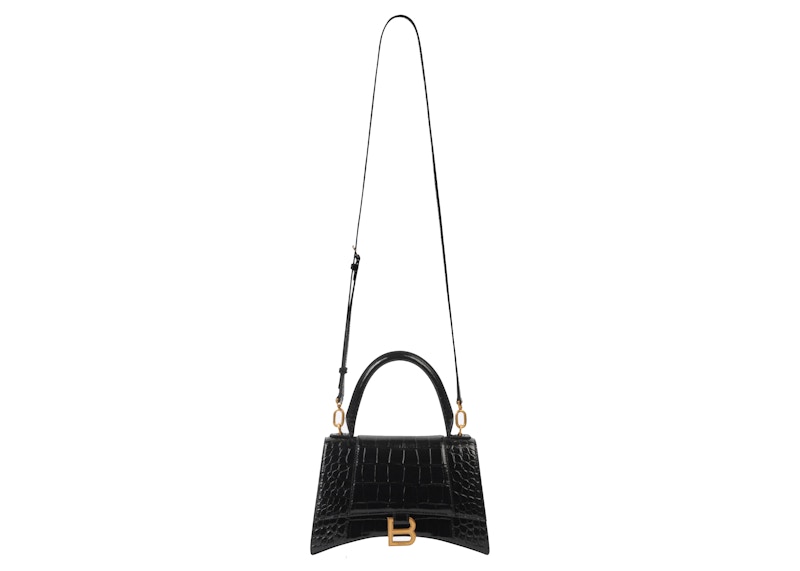 Petit sac à main Balenciaga Hourglass en cuir crocodile embossé noir