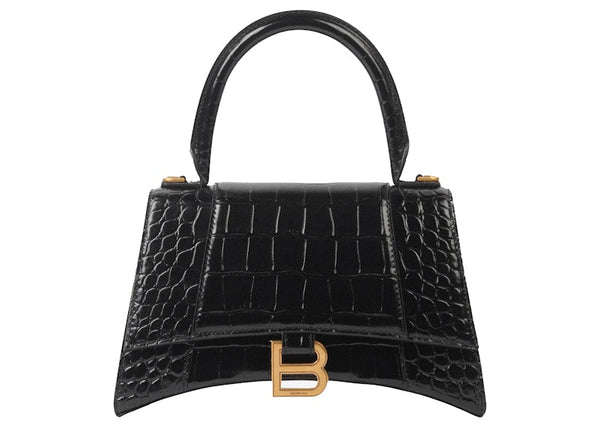 Petit sac à main Balenciaga Hourglass en cuir crocodile embossé noir