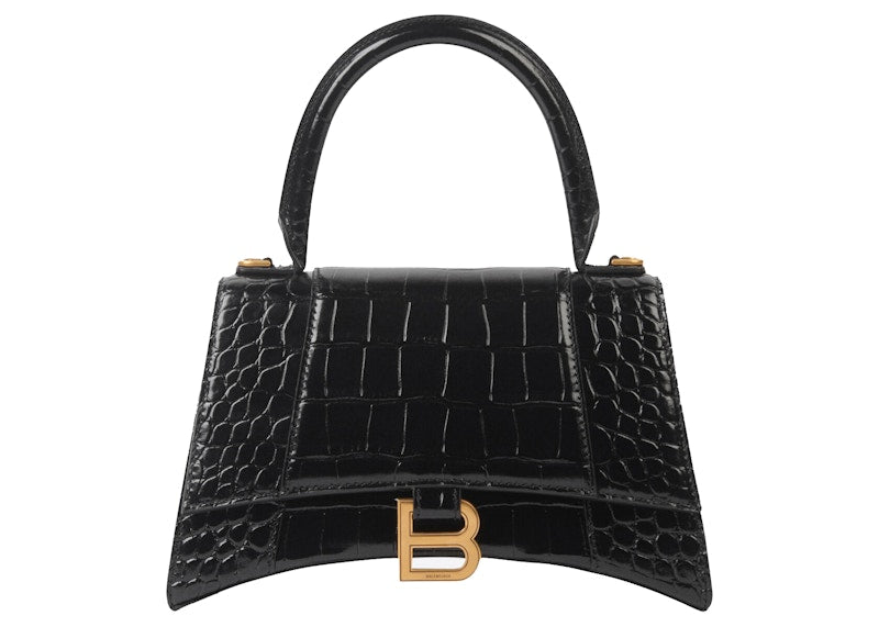 Petit sac à main Balenciaga Hourglass en cuir crocodile embossé noir
