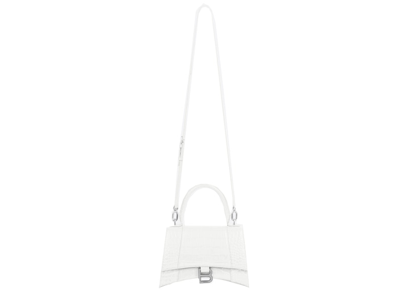 Petit sac à main Balenciaga Hourglass en relief crocodile blanc