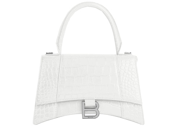 Petit sac à main Balenciaga Hourglass en relief crocodile blanc