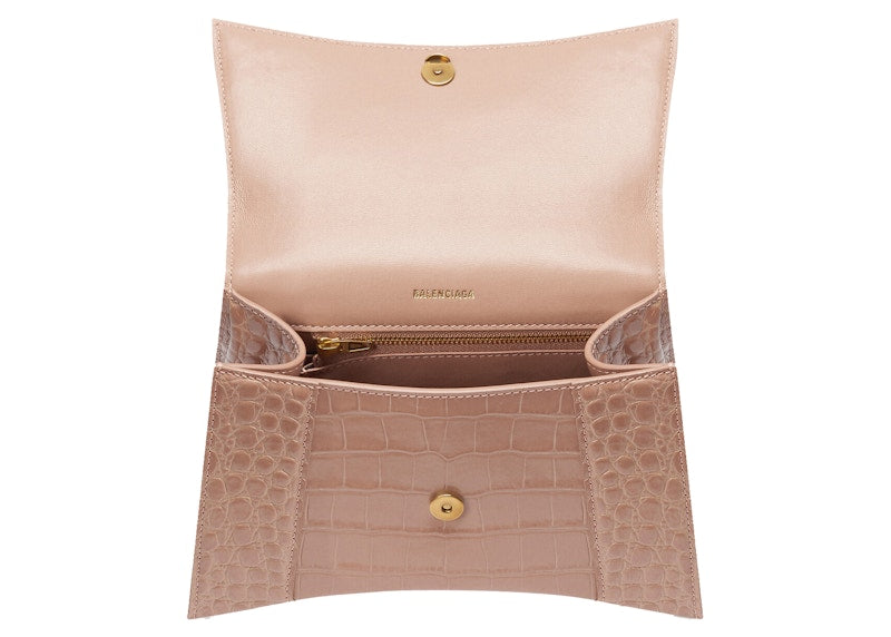 Sac à main Balenciaga Hourglass, petit modèle, effet crocodile, beige
