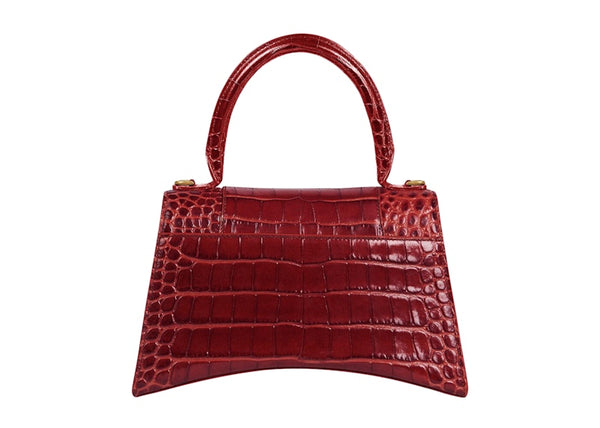 Sac à main Hourglass Balenciaga, petit modèle, motif crocodile en relief, rouge foncé