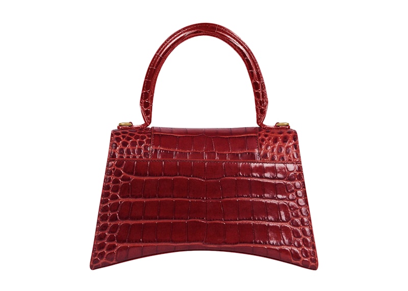 Sac à main Hourglass Balenciaga, petit modèle, motif crocodile en relief, rouge foncé