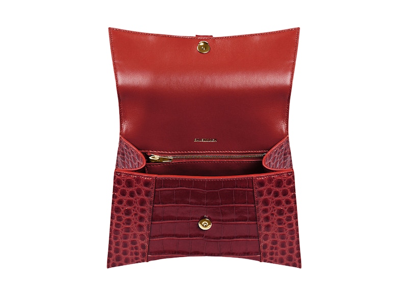 Sac à main Hourglass Balenciaga, petit modèle, motif crocodile en relief, rouge foncé