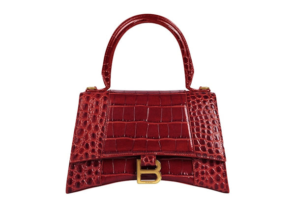 Sac à main Hourglass Balenciaga, petit modèle, motif crocodile en relief, rouge foncé