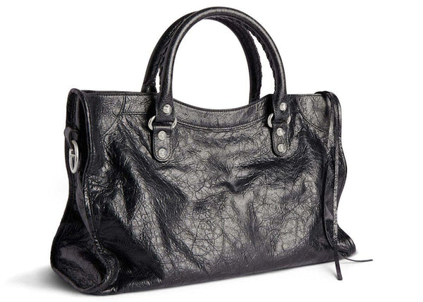 Sac Balenciaga Le City Medium en cuir d'agneau Arena noir, accessoires argentés brillants, noir