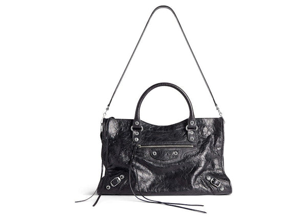 Sac Balenciaga Le City Medium en cuir d'agneau Arena noir, accessoires argentés brillants, noir