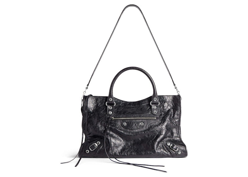 Sac Balenciaga Le City Medium en cuir d'agneau Arena noir, accessoires argentés brillants, noir