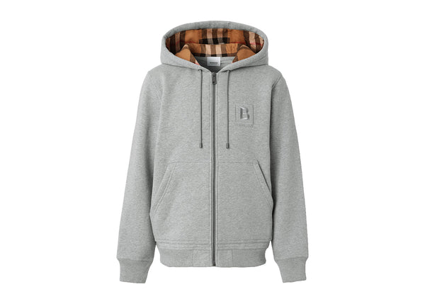 Sweat à capuche zippé en coton mélangé à imprimé graphique Burberry, gris pâle chiné