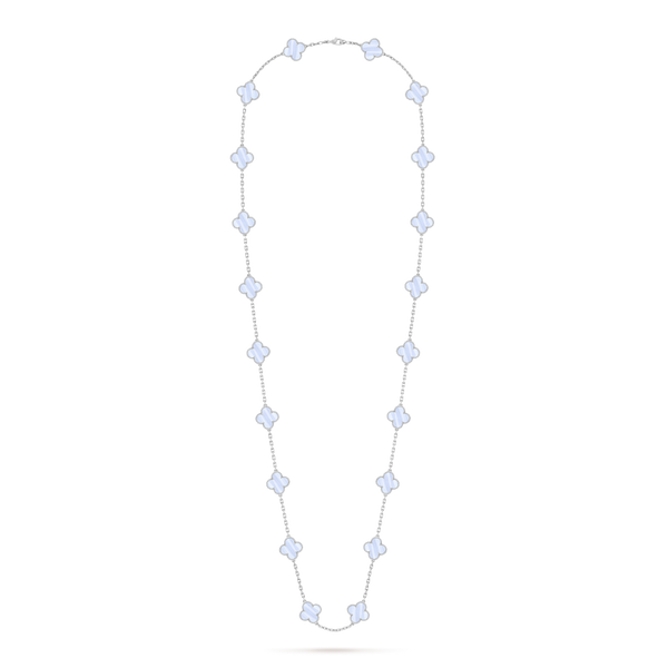 Vintage Alhambra long necklace, 20 motifs 18K white gold, Chalcedony