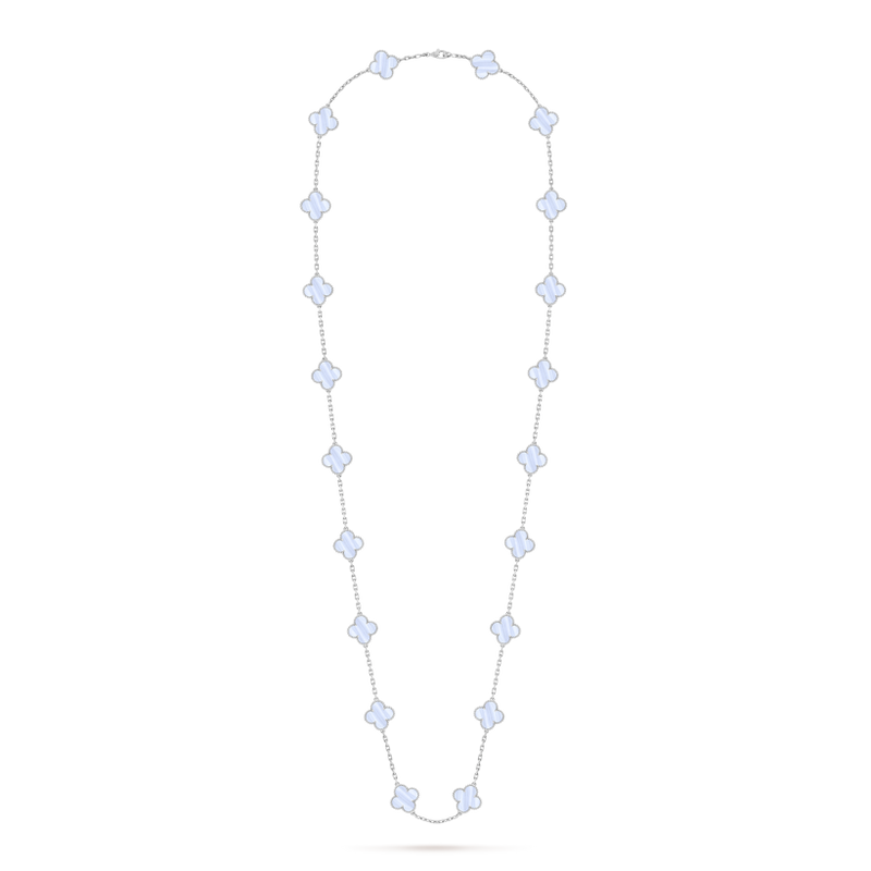 Vintage Alhambra long necklace, 20 motifs 18K white gold, Chalcedony