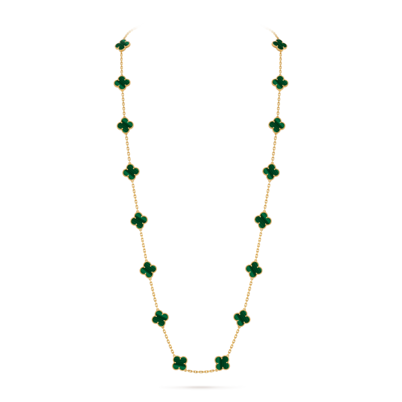 Vintage Alhambra long necklace, 20 motifs 18K yellow gold, Malachite