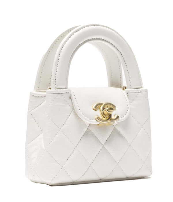 Pochette Chanel Kelly avec chaîne Micro 23K en cuir de veau vieilli brillant blanc