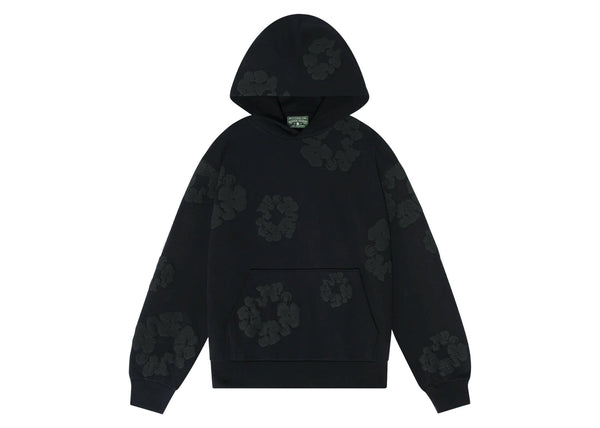 Sweat à capuche en coton avec couronne en denim et larmes, noir et monochrome