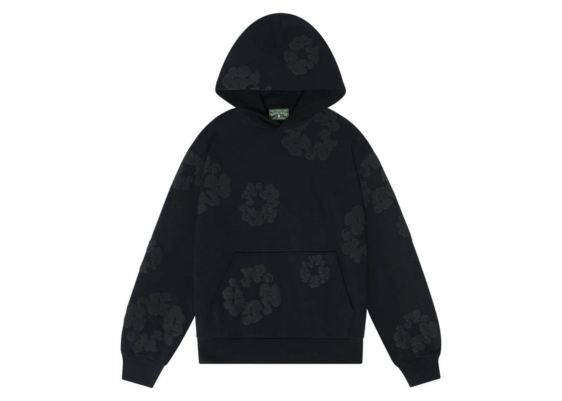 Sweat à capuche en coton avec couronne en denim et larmes, noir et monochrome