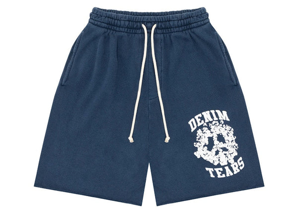 Short universitaire en denim bleu marine avec déchirures en denim