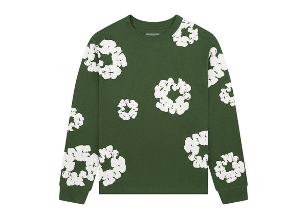 T-shirt à manches longues en coton avec motif couronne de larmes en denim vert