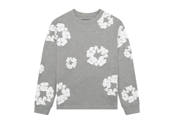 T-shirt à manches longues en coton avec motif couronne de larmes en denim, gris